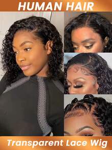 13x4 Transparent Lace Frontal Bob Wig Human Hair Pre Plucked With Baby Hair Natural Hairline Easy To Style Curly Lace Front Wigs Natural Hairline Side Part Wig 180% Density For Women - Natural Black - View 2