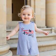 4th Of July Baby Clothes Newborn Girl Boy Smocked Bubble Romper Flag Plaid Overalls Infant First 4th Of July Outfit, My First 4th Of July Baby Boy Outfit, Baby Boy Girl  4th Of July Outfit - 藍色格子 - 查看 3