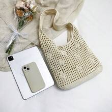 镂空编织手提包，手工钩编休闲单肩包，大容量度假风 - 米色 - 查看 6