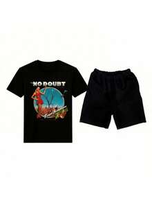 Conjunto para hombre estilo streetwear retro con estampado artístico e ilustración con letras tela cómoda ajuste holgado cuello redondo manga corta verano uso diario casual set de camiseta y short - Negro 2 - Ver 1