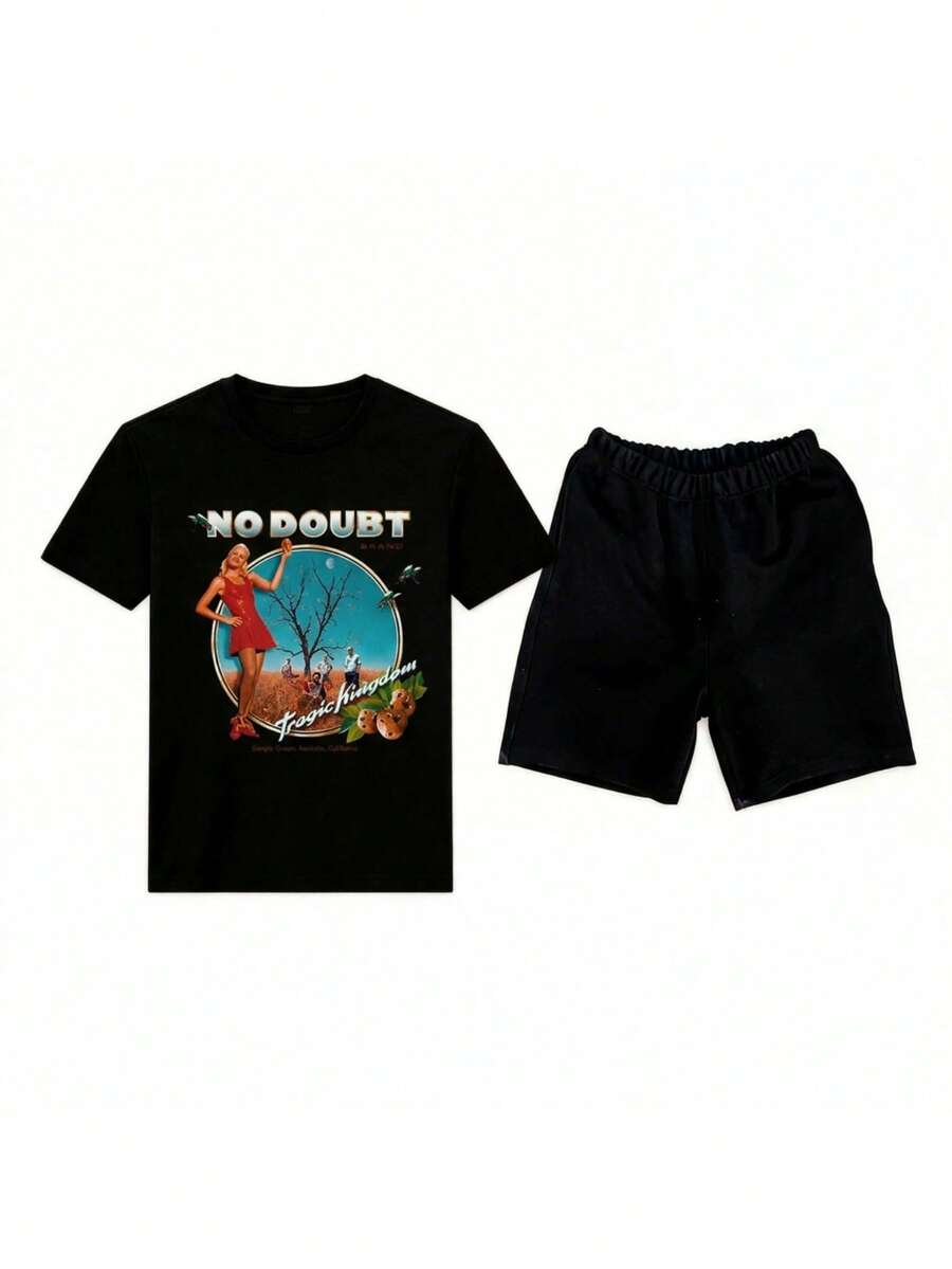 Conjunto para hombre estilo streetwear retro con estampado artístico e ilustración con letras tela cómoda ajuste holgado cuello redondo manga corta verano uso diario casual set de camiseta y short - Negro 2 - Ver 1