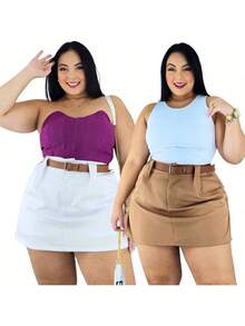 Short Skirt Plus Size Tailored With Belt Various Colors Summer - KIT 2 BLANCO/BEIGE - Ver 5