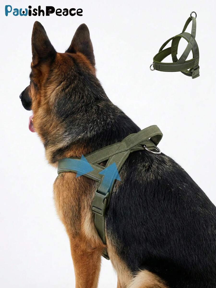 Arnés de estilo chaleco táctico para perros grandes/extra grandes para uso en exteriores, resistente y duradero, de color verde militar con costuras reflectantes, anti-tirones - Verde militar - Ver 1