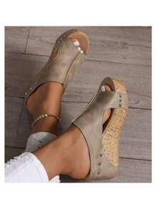 2025 New Summer European And American Style Comfortable Retro Wedge Heel Sandals, Open-Toe Hollow-Out Women'S Sandals - Grey - View 3
