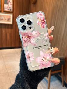 1pc Pink Lily Flower Pattern Transparent Card Slot Shockproof Full Coverage Fashionable Phone Case Suitable For IPhone11/12/13/14/15/16/17 Pro/Max/Plus - Multicolor - View 1