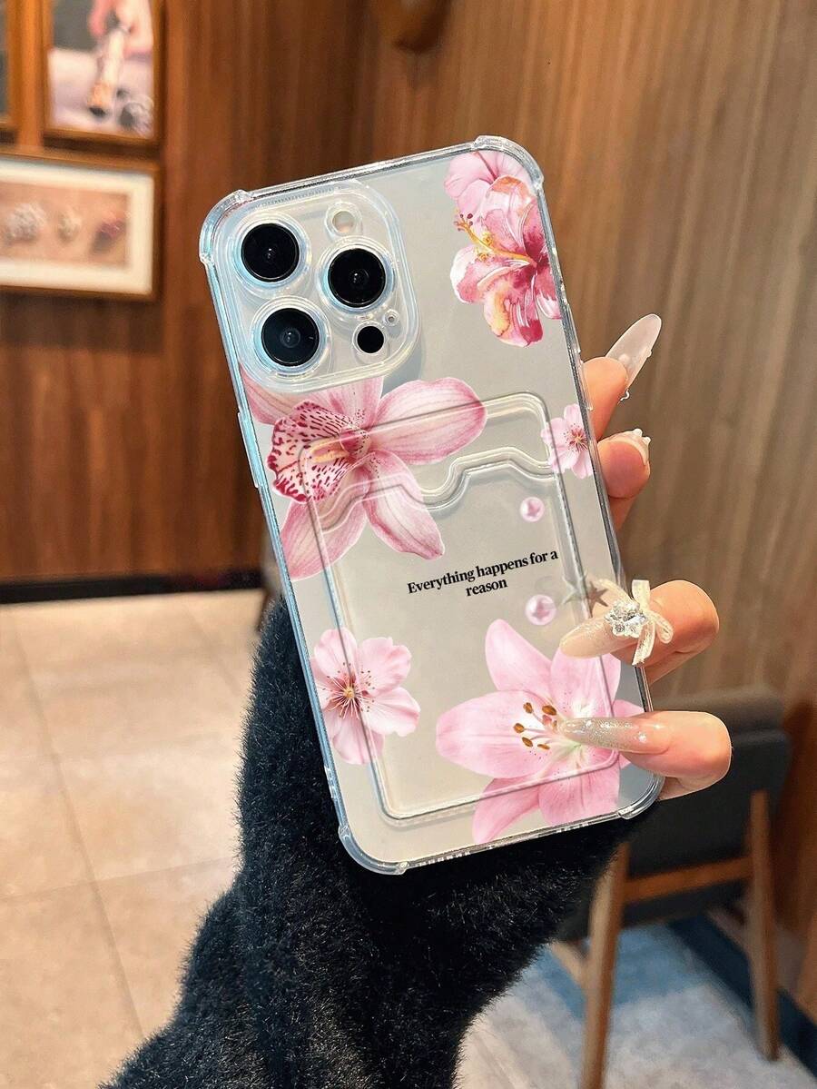 1pc Pink Lily Flower Pattern Transparent Card Slot Shockproof Full Coverage Fashionable Phone Case Suitable For IPhone11/12/13/14/15/16/17 Pro/Max/Plus - Multicolor - View 1