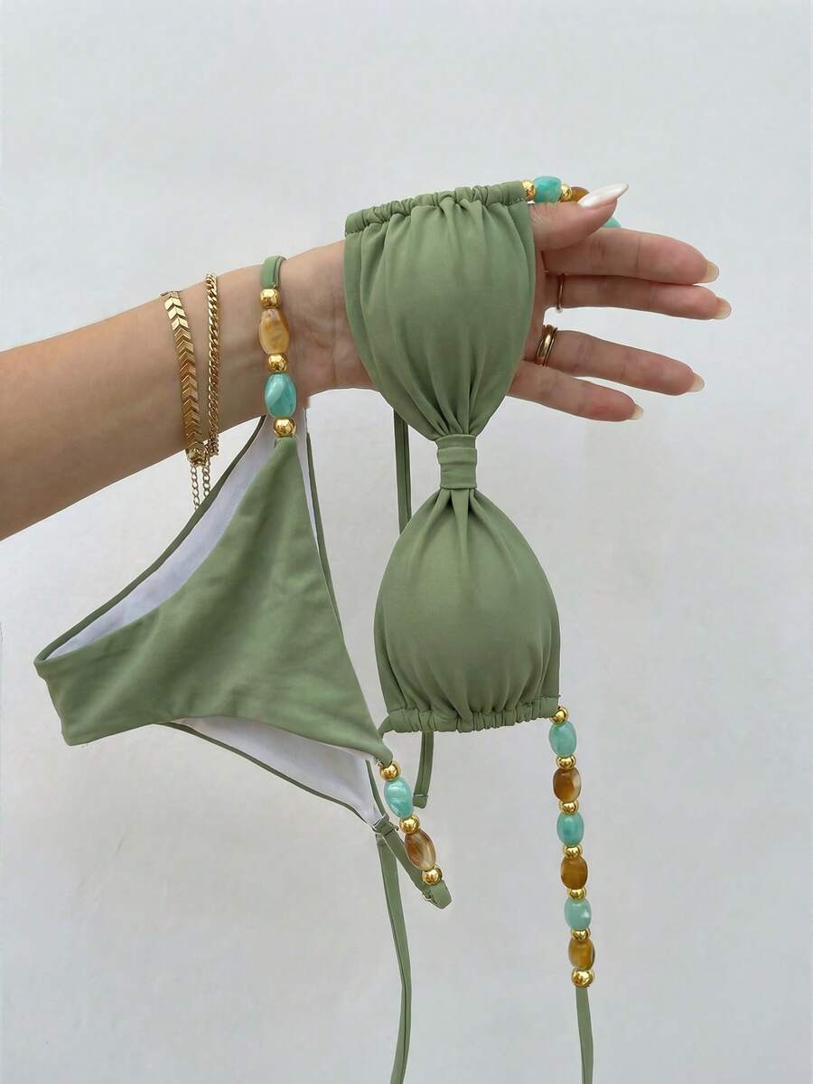 Bikinx 女士优雅露背吊带串珠比基尼套装，高衩波西米亚风泳装，后背系带设计，高弹面料 - 綠色 - 查看 1