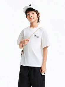 Annil Camiseta infantil de manga curta com gola redonda, suéter de tricô para crianças de tamanho médio e grande, blusa casual versátil. - white - Ver 1