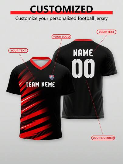 1 bộ đồng phục thể thao bóng đá (bóng đá nữ) được thiết kế riêng năm 2026, làm từ vải đỏ và đen. Trang phục đội bóng được thiết kế theo yêu cầu. Thiết kế có các họa tiết và chữ cái. Số và tên cầu thủ có thể được cá nhân hóa. Áo bóng đá này rất thích hợp làm quà tặng khi xem trận đấu, quà tặng Ngày của Cha! Bất ngờ! Hoặc dùng làm áo phông để mặc trong các dịp lễ hội, thật thú vị!