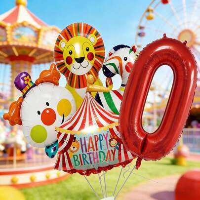Globo con número rojo de 32 pulgadas, globos con forma de león, payaso y cebra de 28 pulgadas, globos con forma de tienda de campaña, conjunto de globos con tema de circo para fiesta de cumpleaños, adecuado para fiesta de cumpleaños de niños, fiesta de parque de diversiones, decoración de celebración de cumpleaños, regalo del Día del Niño