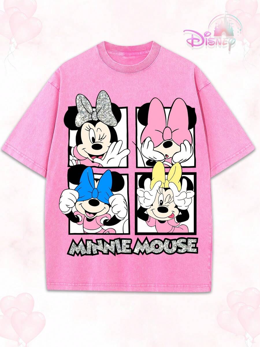 Disney Minnie Mouse Cute Poses Grid Graphic Washed T-Shirt, Retro Minnie Mouse Oversized Tee For Women - Hồng - Xem 1