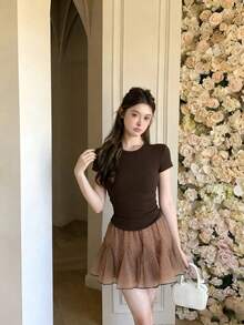 新款波点优雅喇叭迷你裙，女士春夏款 - 卡其色 - 查看 11
