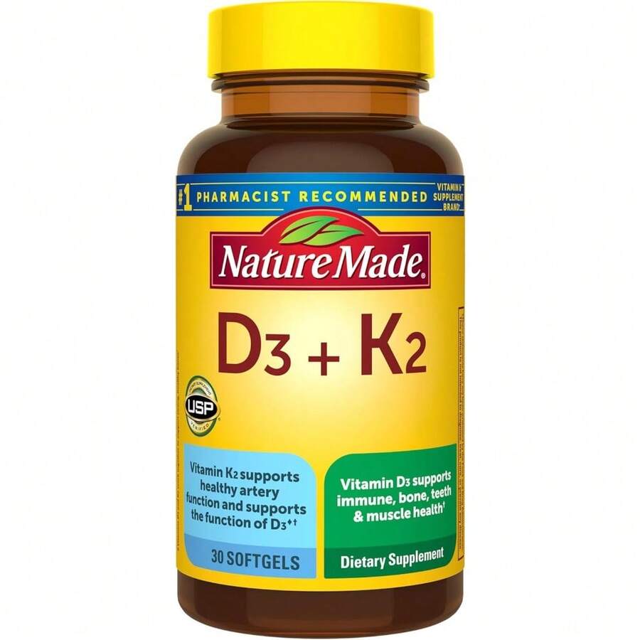 Nature Made Vitamin D3 K2 Supplement, 5000  (125 Mcg) Vitamin D For Bone, Teeth,, 30 D3 And K2 Softgels, 30 Day Supply - 30個裝(1包) - 查看 1
