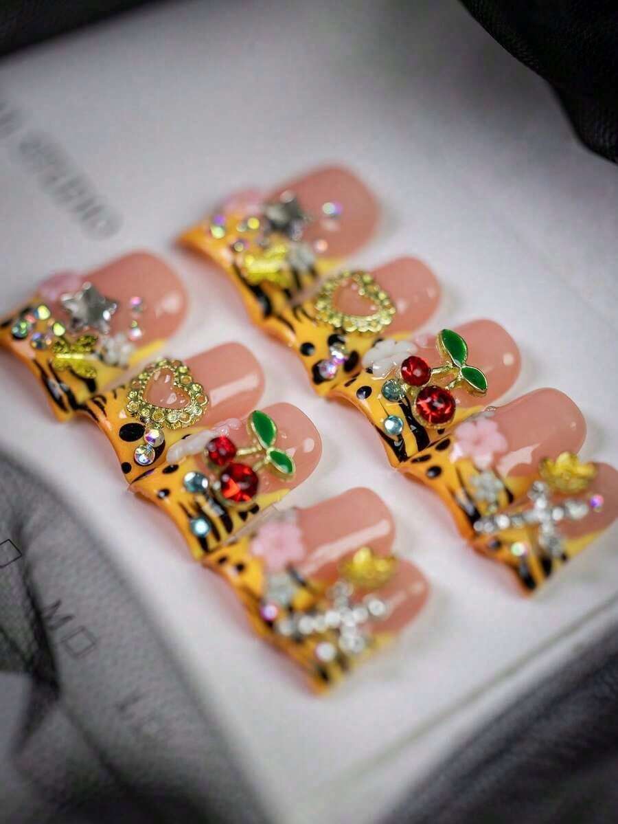 10pcs Y2K Style Yellow Striped French Short Duckbill Press On Nails, Reusable Handmade False Nails With Cherry Design, Accents, & Embellishments, Vibrant Colors, Suitable Summer, Daily Wear, Parties, Festivals, Great Women & Girls Nail Supplies Handmade Press On Nails - 彩色 - 查看 1