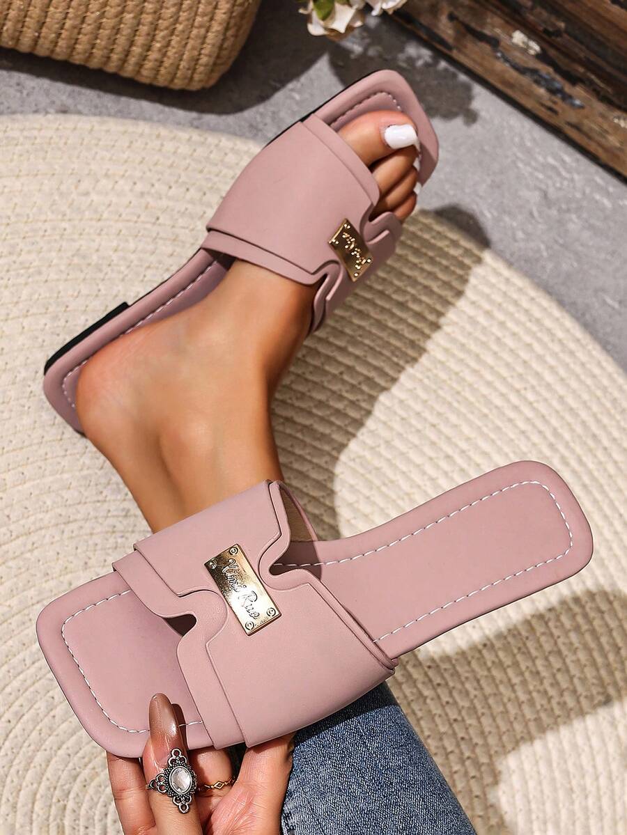 New Spring/Summer Fashion Casual One-Strap Slide Sandals, Comfortable Flat Heel Round Toe Beach Slippers, Versatile Minimalist Slip-On Sandals For Women - Dusty Pink - View 1