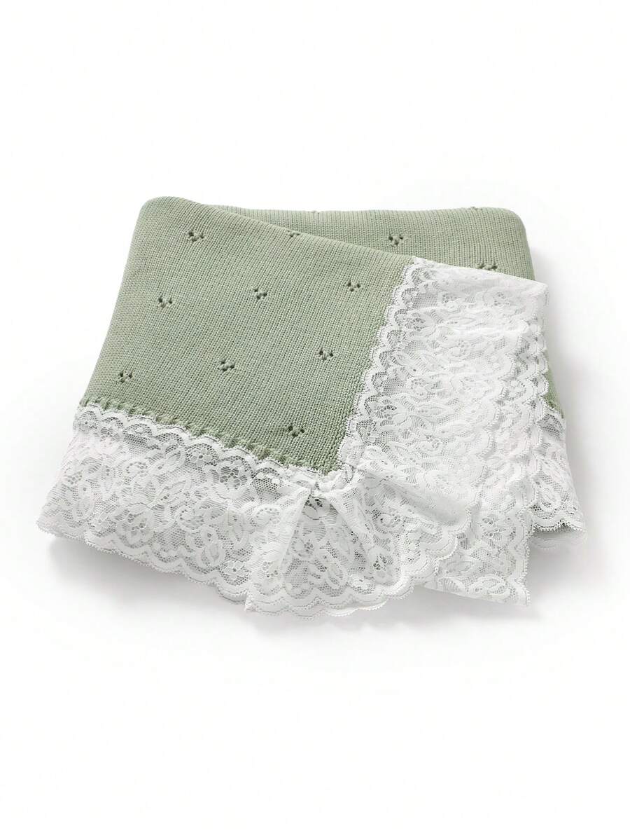 1pc Casual Minimalist Fashion Baby Knitted Blanket, Sweet Lace Patchwork Children's Cozy Throw Blanket, Suitable For All Seasons - Light Green - View 1