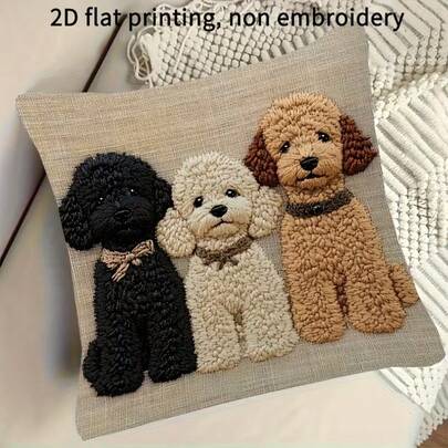 1个2D平面印花枕套，饰有3种可爱的小狗图案，亚麻材质，拉链设计，适用于客厅、卧室、沙发，乡村风格，夏季、节日、万圣节、圣诞节礼物