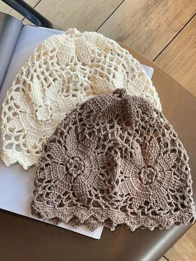 1pc Handmade Crochet Floral Hollow Breathable Mesh Solid Color Beanie Hat For Women, Fashionable Breathable Knitted Cap Suitable For Spring/Summer, Outdoor, Commuting, Gift For Friends