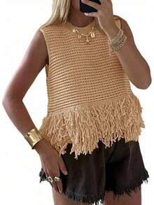 Saodimallsu Womens Crochet Crop Tops Sleeveless Fringe Crew Neck Boho Knit Summer Sweater Vest - 卡其色 - 查看 11