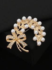 Elegant Fashion Exquisite Cubic Zirconia Faux Pearl Golden Ear Of Wheat Bow Brooch Scarf Suit Coat Dress Headscarf Accessory Daily Vacation Gift - Bow - View 5
