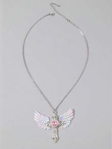 Collar de cadena de plata con cristales de alas de ángel, corazón, libélula, murciélago, cruz y pentagrama, estilo único Y2K para mujeres, de inspiración europea y estadounidense dark punk - Plateado - Ver 3