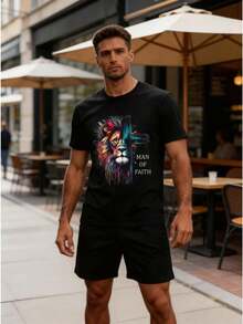 Conjunto para hombre estilo streetwear artístico con estampado colorido de león y temática de fe tela cómoda ajuste holgado cuello redondo manga corta verano uso diario casual set de camiseta y short - Negro 2 - Ver 2
