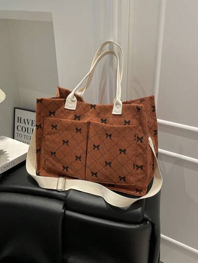 1pc Corduroy Bow Decor Women Tote Bag, 2026 New Casual Large Capacity Shoulder Bag, Minimalist Fashion Handbag
