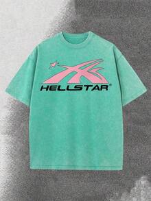 BOTANICBEAT 1PC Worn-Out Washed Men's Short-Sleeved Shirt, Featuring A Pink Meteor Flame Human Face Silhouette Pattern In Letters On A Double-Sided Print, Retro Casual Loose Men's T-Shirt, Comfortable And Versatile Men's Clothing Summer Tops Men Shirts - Emerald - 查看 2