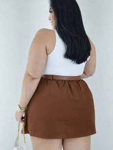 Tailored Plus Size Short Skirt With Belt In Various Colors - Summer - Rust Brown - View 1