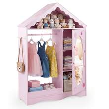 Kids Dress Up Storage W/ Mirror Roofed Wardrobe Closet W/ Open Hanging Rack - 粉色 - 查看 3