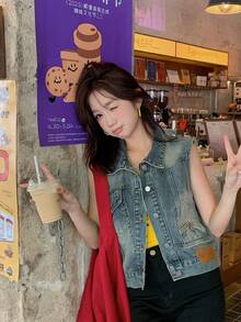 复古简约设计无袖牛仔背心，宽松版型 - 復古藍色 - 查看 1