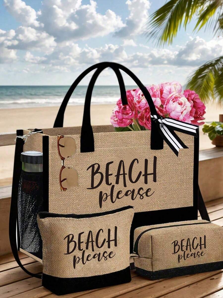 一套女士沙滩手提包，印有“Beach Please”字样，大容量设计，搭配黑色时尚太阳镜、沙滩帽和两个化妆包。轻便可重复使用的购物袋、迷你零钱包、多功能收纳袋，适合周末度假、工作和日常生活。