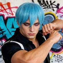 男士短款层次直发动漫角色扮演假发，带刘海，8种亮丽颜色可选（绿色、天蓝色、金色、橙色、深棕色、黑色、浅绿色、红棕色），耐热合成假发，适合节日、日常佩戴、派对和主题活动，外观自然，是生日或圣诞节的理想礼物，易于造型和保养。 - 彩色 - 查看 13