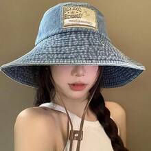 1pc Women's Applique Denim Bucket Hat, Retro Washed Large Brim Sun Hat, Outdoor Travel Sun Protection, Suitable For Daily Wear And Travel,Summer,Beach,Holiday,Festival - A - View 2
