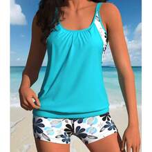 Women's Floral Print Tankini Set With Boyshorts, Stylish Two-Piece Swimsuit For Beach And Pool - Màu xanh bạc hà - Xem 2
