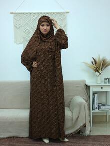 Vintage Floral One-Piece Prayer Robe With Headscarf, Loose Long Gown For Muslim Daily Prayer And Home Use - Mocha Brown - View 3