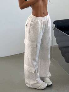女士休闲运动弹力腰带翻盖口袋裤 - 淺灰色 - 查看 7