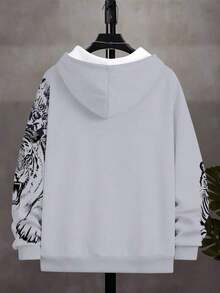 Men's Solid Color Zipper Up Casual Pocket Drawstring Hoodie For Autumn & Winter, Long Sleeve Top - 淺灰色 2 - 查看 3