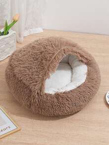 1 Fluffy Round Pet Bed, Fluffy Soft Cat Bed, Donut Pet Mat, Winter Two-In-One Cat Bed, Warm Sleeping Bag Sofa Cushion - Coffee Brown - View 9