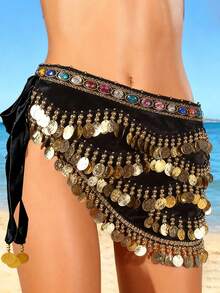 1pc Women's Wavy Belly Dance Belt Hip Scarf Women's Sweet Belly Dance Golden Coin Hip Scarf Skirt Wrap Noisy - Multicolor - View 2