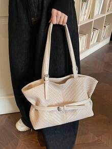 Túi xách nữ dệt tối giản thời trang, dung tích lớn, có khóa cài. - Màu Khaki - Xem 5