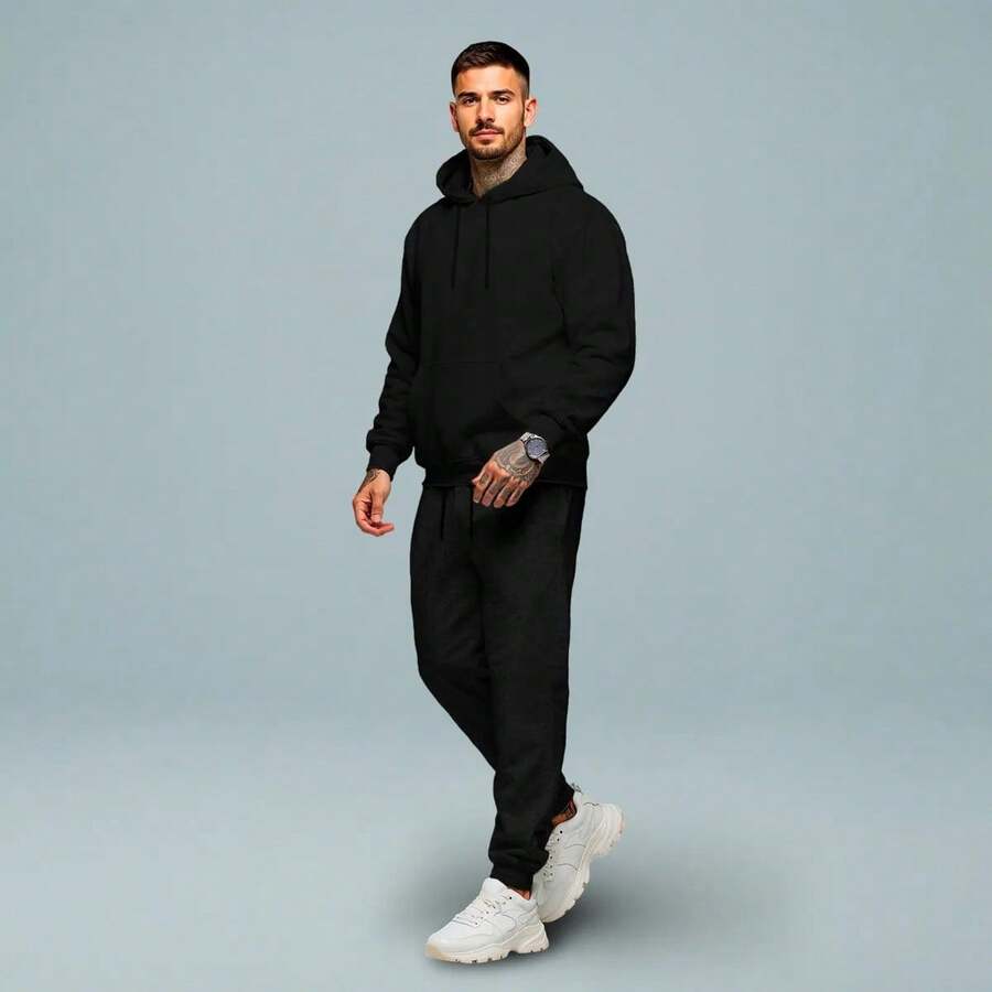 Streetwear Fleece Sweatshirt And Jogger Pants Set, Winter Casual Comfortable Urban Fashion, Minimalist Unisex Casual Complete Outfit, Premium - 黑色 - 查看 1