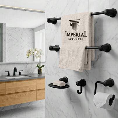 Kit Acessórios de Banheiro 5 Peças Suporte Lavabo Toalheiro Porta Papel Saboneteira Preto Branco e Cromado