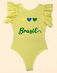 Brazilian Girl's World Cup Fan Bodysuit, Mini Diva Look, Brazil On The Road To The Hexa (Brazil's Sixth World Cup Title), Patriotic Children's Clothing, Fashion Style, Girl's - 黃色 - 查看 2