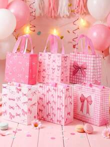 6Pcs Pink Bow Gift Bag With Handle,Non-Woven Handbag,Pink Birthday Gift Wrapping Bag,Tote Bag,Storage Bag,Pink Bow Party Favor Bag,Wedding Decor,Bridal Shower Favors,Babyshower Decor,Gender Reveal Party Decor,Birthday Party Decoration Supplies,Pink Bow Decor - Pink Bow - View 4