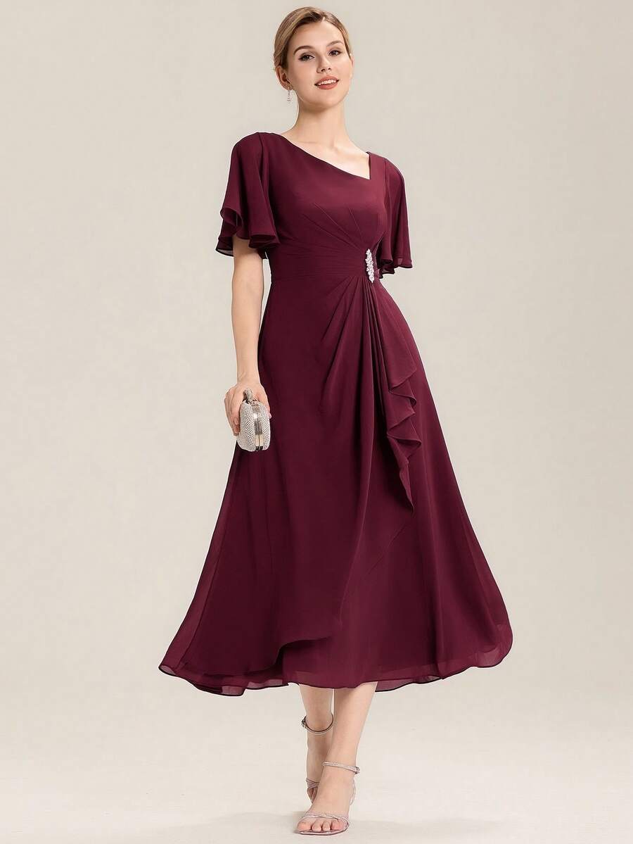 EVERPRETTY 优雅V领长款酒红色伴娘礼服，半正式婚礼宾客礼服，春夏款，适合派对穿着 - 酒紅色 - 查看 1