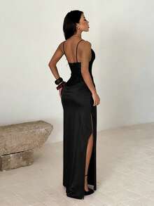 2026 Summer New Sexy Textured Slit Strap Dress – Bodycon Cocktail Party Gown For Women, Vacation Ready Resort Wear & Date Night Outfit - 黑色 - 查看 3