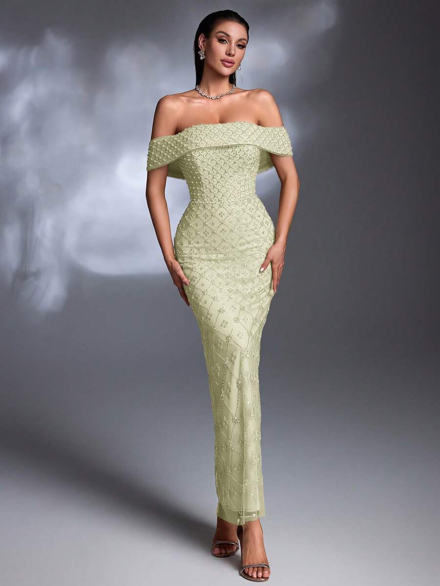 AMILUCK 新款奢华高端亮片蕾丝露肩荷叶边开衩优雅连衣裙，适合正式场合、派对、红毯、婚礼等春季派对。