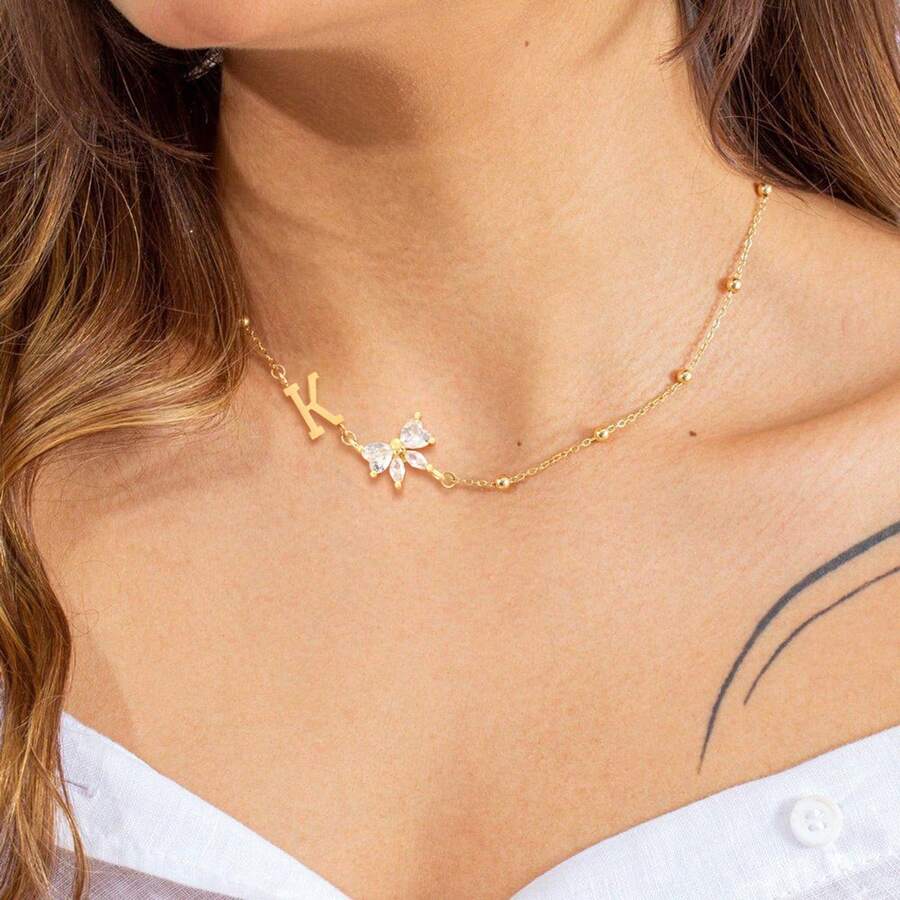 1pc Fashion Classic Artificial Crystal Bowknot Initial Pendant Golden Stainless Steel Bead Chain Necklaces For Women - Yellow Gold - View 1