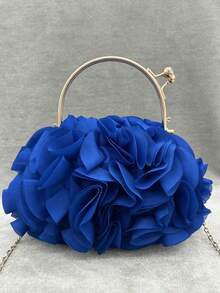 Women's Elegant Royal Blue Floral Pleated Satin Clutch Bag, Party Handbag - Fashionable Chiffon Petal Handbag With Chain Shoulder Strap, Fits ProMax Size Phone And Essentials, Perfect For Bride, Wedding, Date, Prom, Holiday, Formal Occasions, Graduation Party, Spring Gala, Cocktail Party And Special Events (Pattern Random) - 寶藍色 - 查看 8